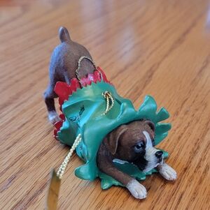 Danbury Mint Boxer Ornament  All Shopped Out Inside Shopping Bag Christmas Dog